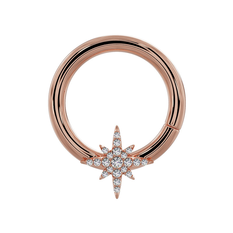 14K rose gold north star diamond seam ring hoop, front view with pave diamond star charm