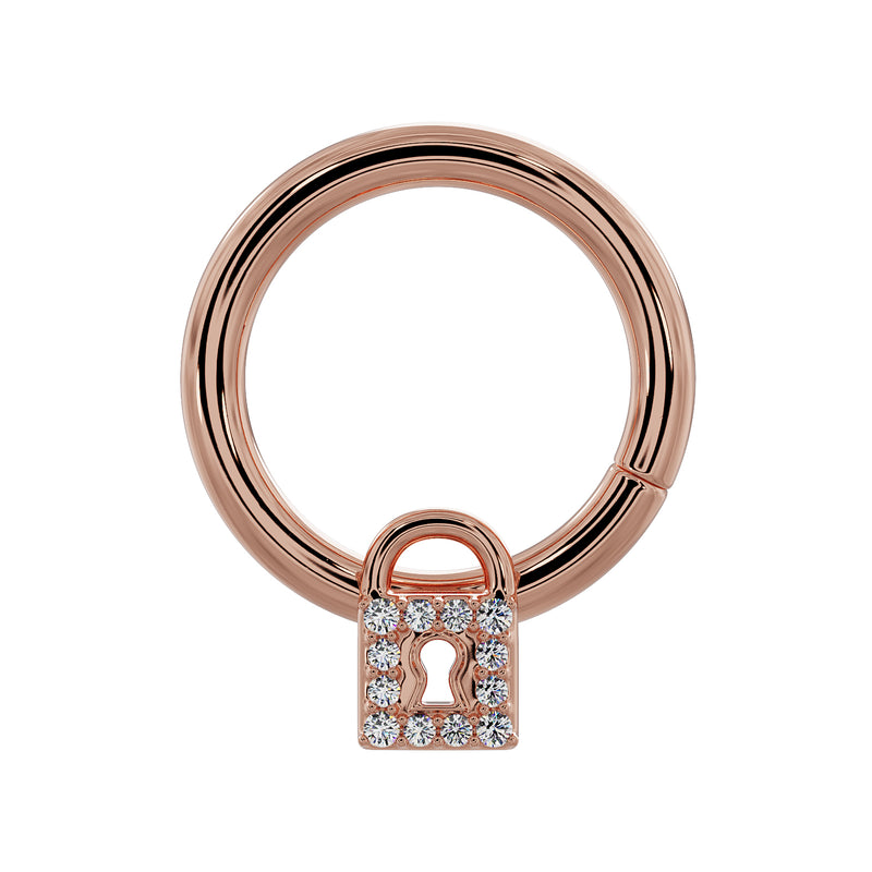 14k rose gold diamond lock seam ring hoop, front view with pave diamond padlock charm