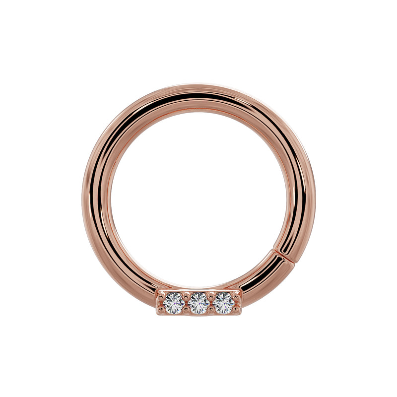 14K rose gold trinity diamond bar seam ring with three round diamonds, front view
