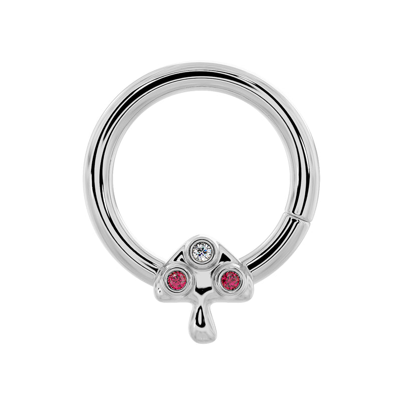 14K white gold mushroom seamless ring with diamond and ruby bezel settings, front view