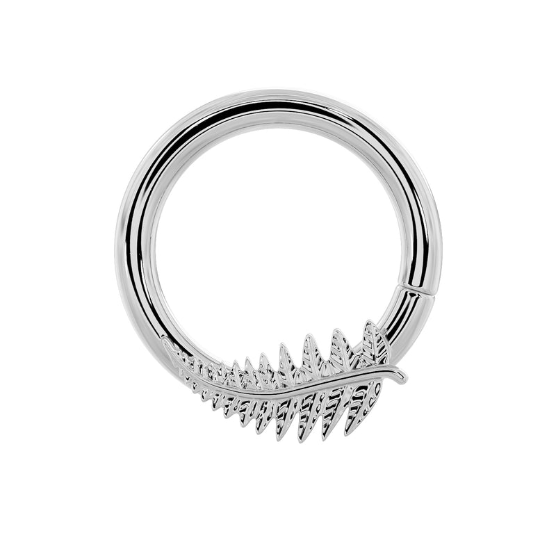 14K white gold fern leaf seam ring hoop, front view with polished finish and detailed leaf charm