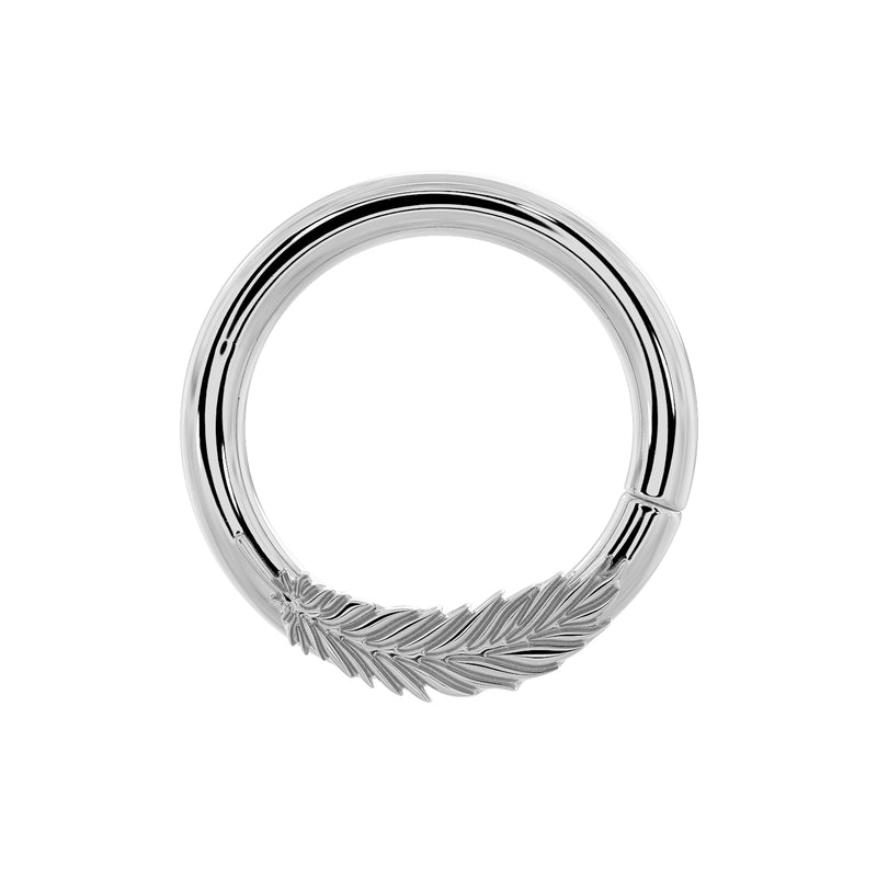 14K white gold feather seam ring hoop, front view with detailed quill engraving at bottom
