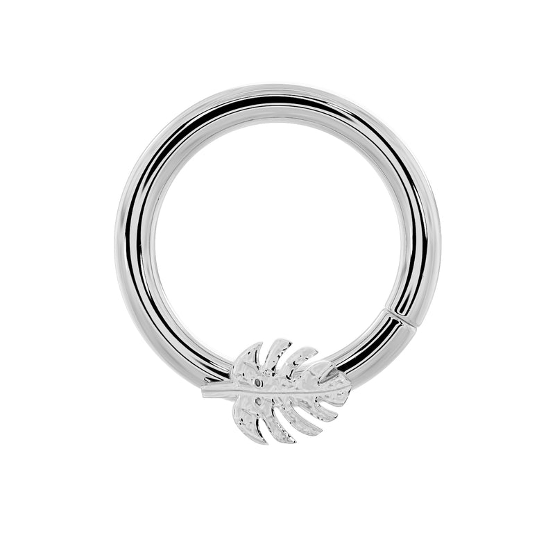 14K white gold monstera deliciosa seam ring hoop, front view with detailed silver-tone leaf charm