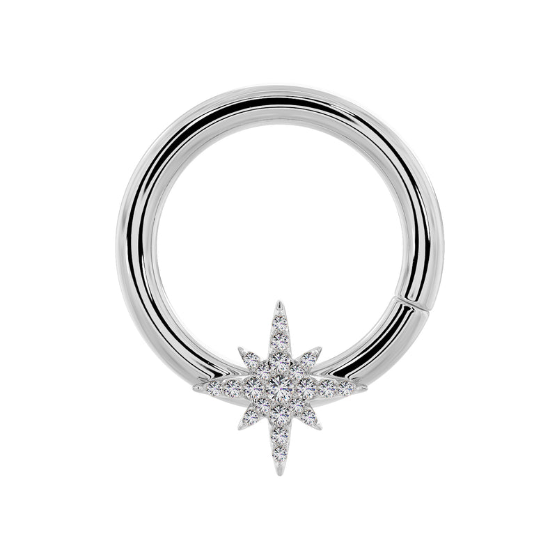 14K white gold north star diamond seam ring hoop, front view with pave diamond star charm