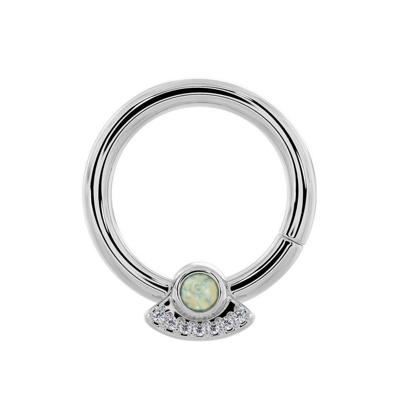 14K white gold UFO seam ring with bezel-set white opal and diamond row, front view