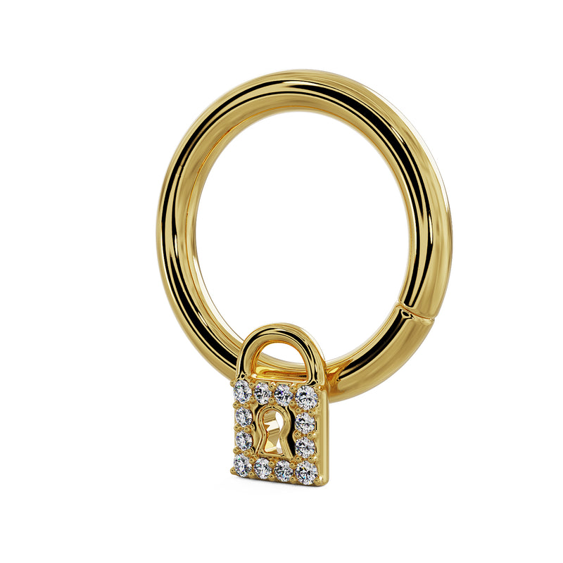 Side profile of 14k yellow gold diamond lock seam ring showing depth of padlock charm