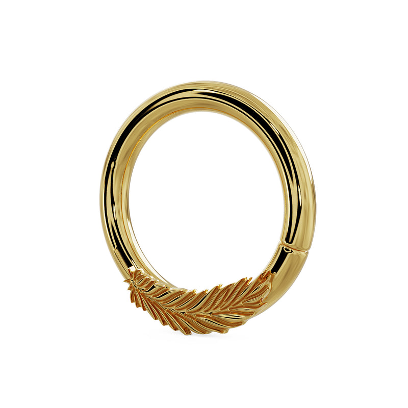 Side profile of 14K yellow gold feather seam ring showing ring depth and feather detail