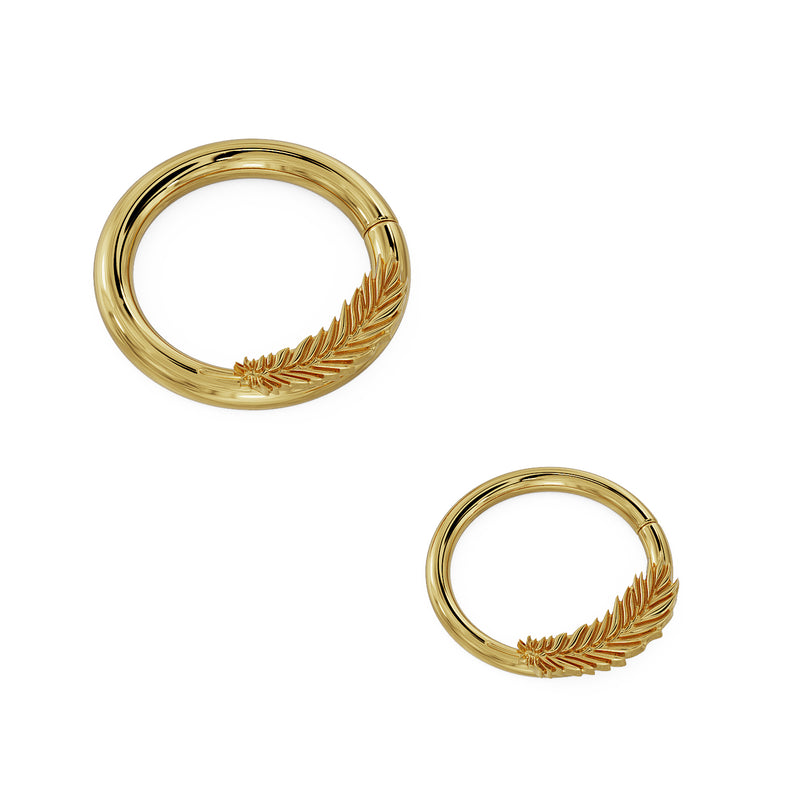 14K yellow gold feather cartilage hoop shown in two sizes for diameter comparison