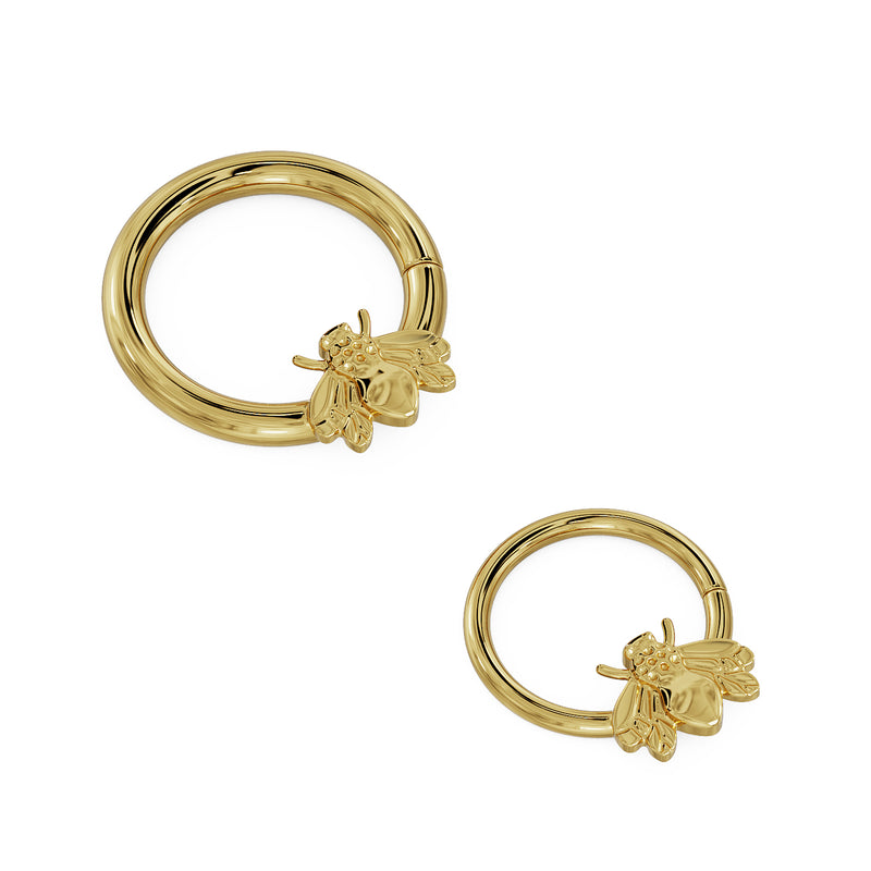 14K yellow gold bee seam ring shown in two sizes for diameter comparison, front view