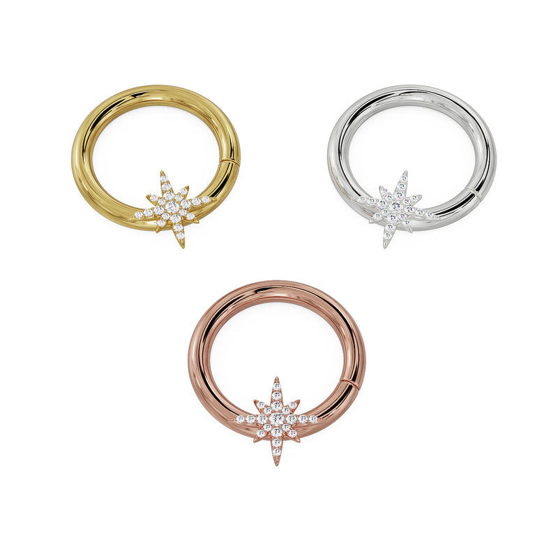 North star diamond seam ring hoop shown in all three metal options: yellow gold, white gold, and rose gold