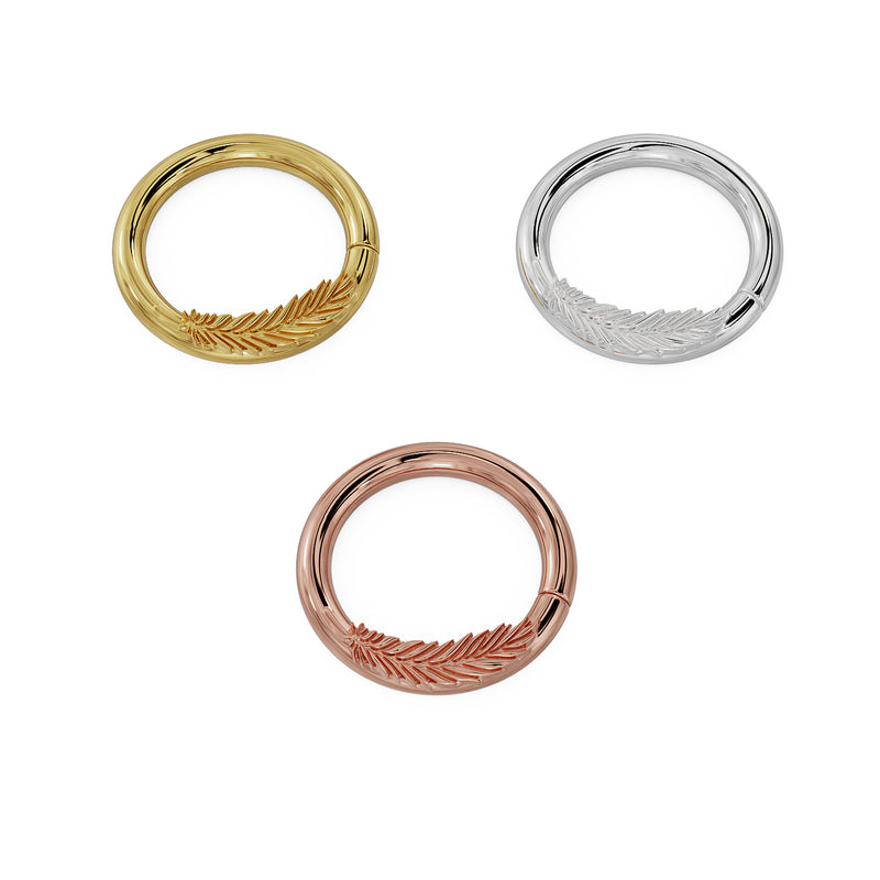 Feather seam ring in all three 14K gold colors: yellow, white, and rose gold, front view