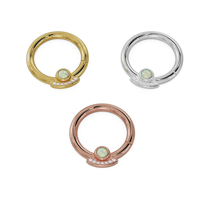 Opal and diamond UFO seam ring in all three 14K gold colors: yellow, white, and rose gold