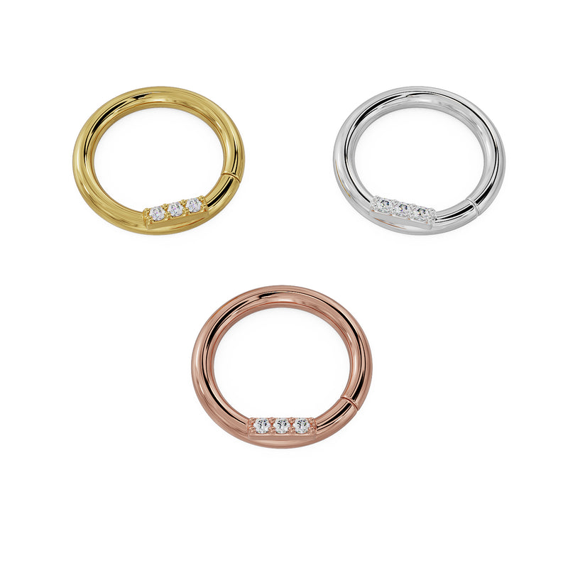 Trinity diamond bar seam ring in all three metal options: 14K yellow gold, white gold, and rose gold