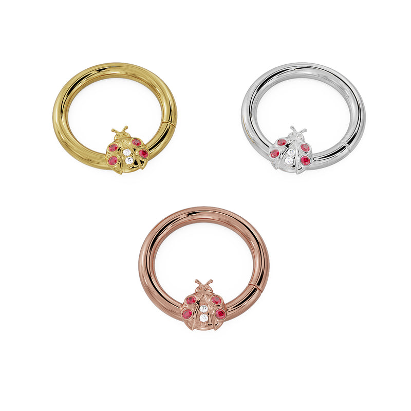 Ladybug seam ring shown in all three metal options: 14K yellow gold, white gold, and rose gold