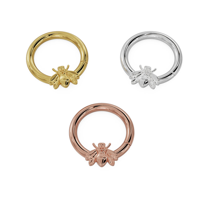 Bee seam ring hoop in all three 14K gold tones: yellow, white, and rose gold side by side