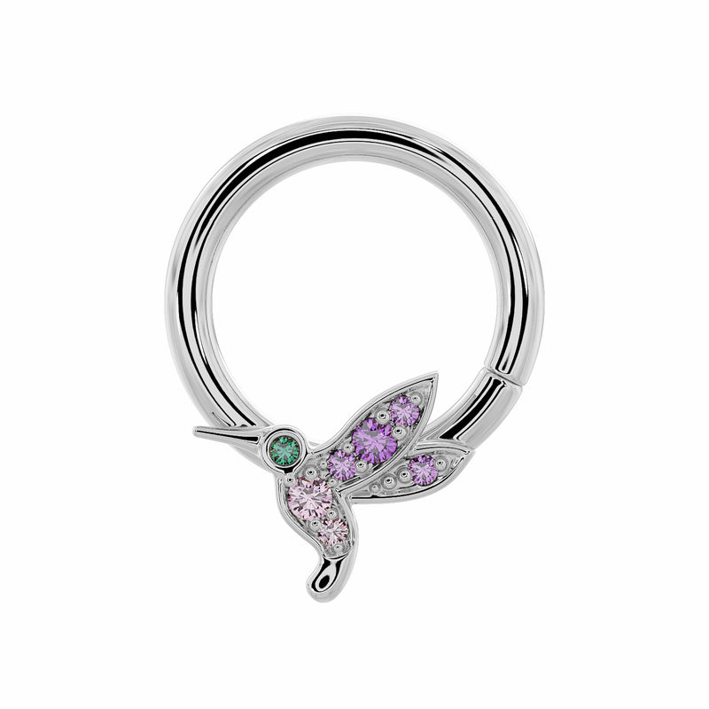 14K white gold hummingbird seam ring with amethyst, pink sapphire, and emerald gems, front view