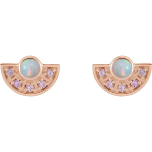 14k rose gold opal fan earrings with pink sapphires, close-up front view of both studs showing fire play