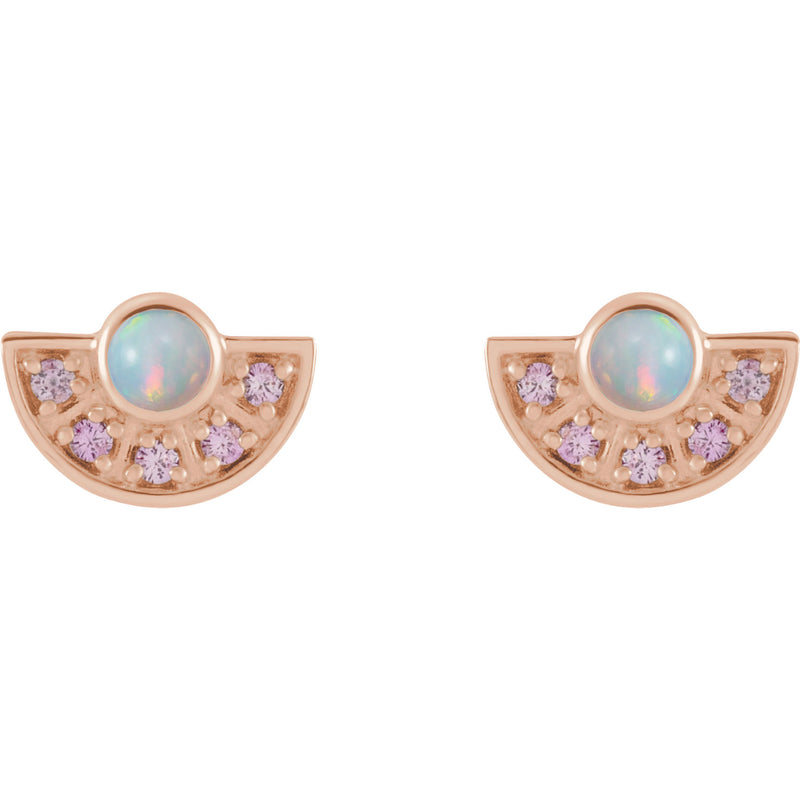 14k rose gold opal fan earrings with pink sapphires, close-up front view of both studs showing fire play