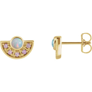 14k yellow gold Ethiopian opal and pink sapphire fan stud earrings, front and side profile view