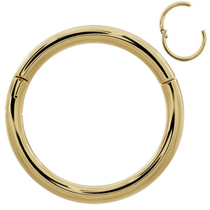 14k yellow gold plain clicker ring hoop, front view with inset showing open clasp detail