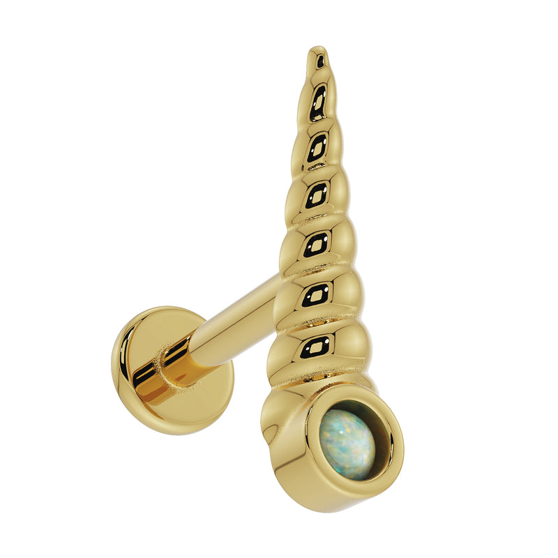 14K yellow gold unicorn horn labret angled low view showing opal base, spiral body, and flat back