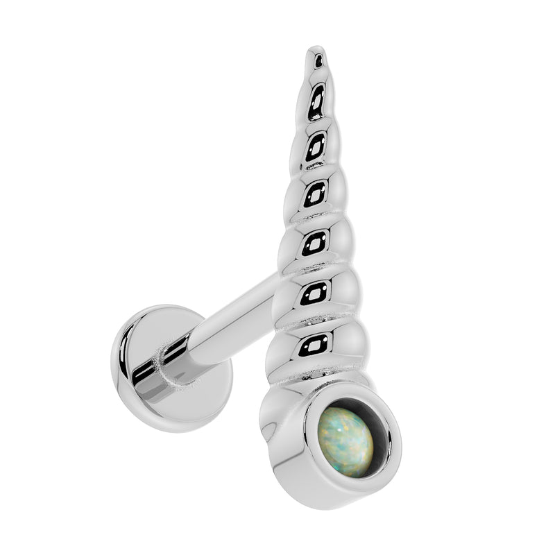 14K white gold unicorn horn labret, angled view showing flat back disc, post, and opal base