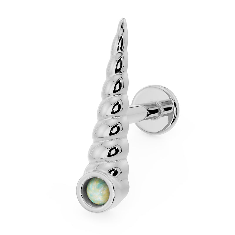 14K white gold unicorn horn flat back earring angled view with white opal accent and disc backing