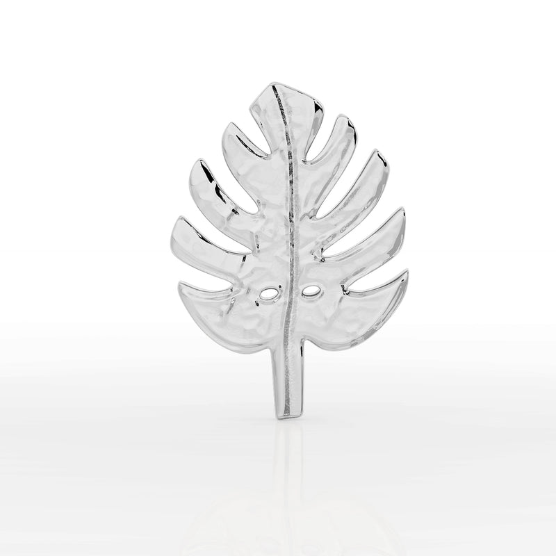 Close-up front view of 14K white gold monstera leaf earring top with hammered finish and tropical leaf cutouts