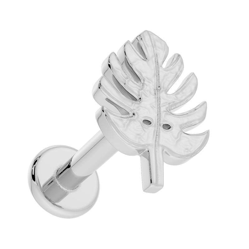 14K white gold monstera leaf flat back earring, side profile showing barbell post and flat disc backing detail