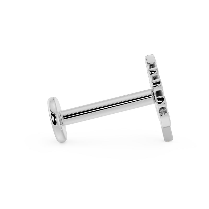 Side profile of monstera leaf flat back earring in white gold showing full barbell post length and flat back disc