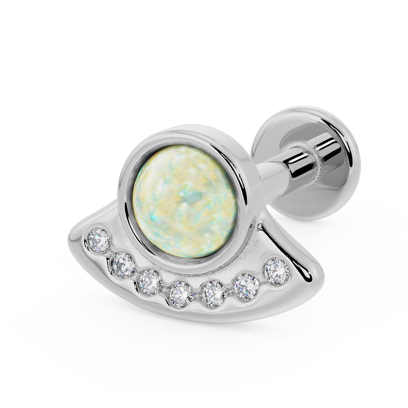14K white gold UFO flat back labret with white opal center and seven diamonds, angled side view