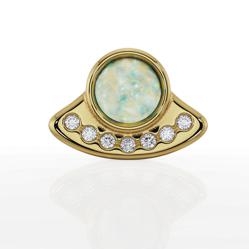 14K yellow gold UFO opal and diamond flat back earring, direct front view showing full UFO shape