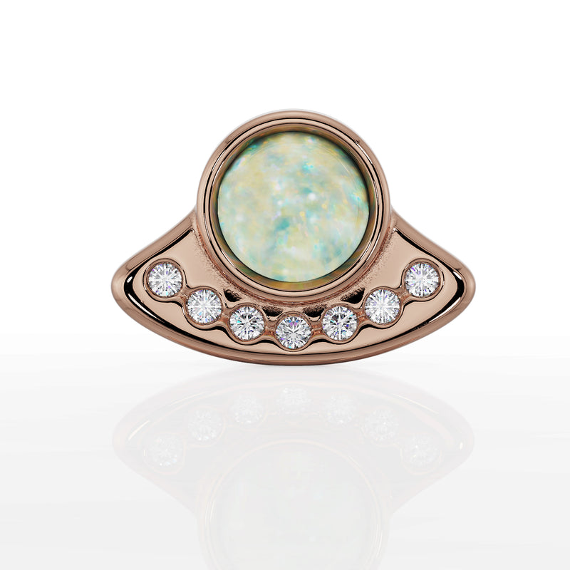 14K rose gold UFO flat back labret, front view showing white opal bezel and curved diamond row