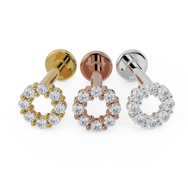 Diamond halo flat back labret in all three metal options: 14K yellow, rose, and white gold