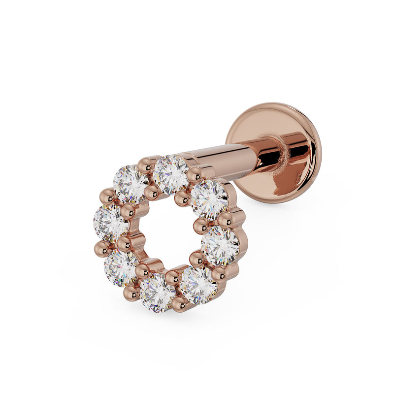 14K rose gold CZ halo flat back labret earring with open circle CZ setting, angled three-quarter view
