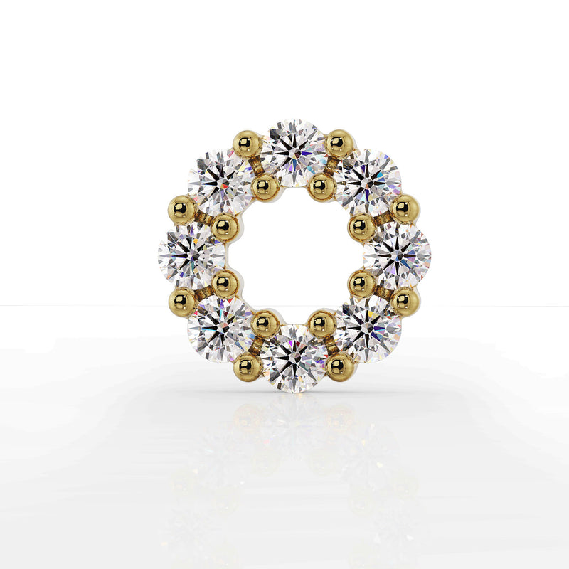 14K yellow gold diamond halo flat back earring, straight-on front view of the open circle setting