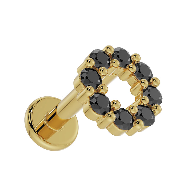 14K yellow gold black diamond halo labret viewed from above, showing open circular diamond arrangement
