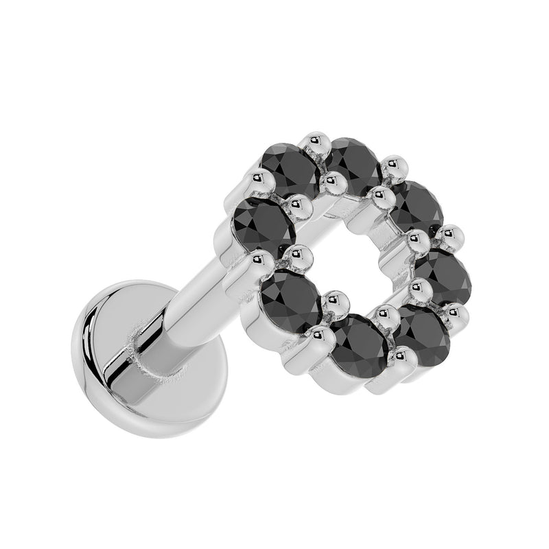 14K white gold black diamond halo labret top-down angle showing open circle setting and flat back disc