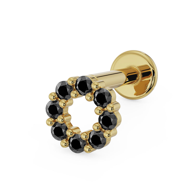 14K yellow gold black diamond halo flat back labret, angled view showing circular diamond setting