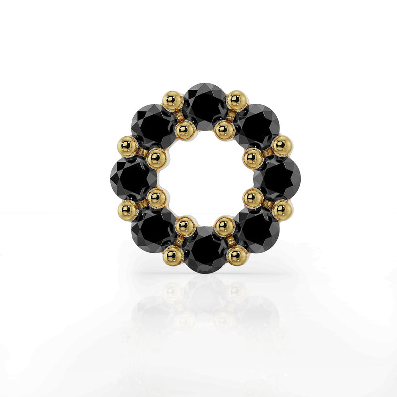 Close-up front view of 14K yellow gold black diamond halo labret top, showing 8-stone circular setting