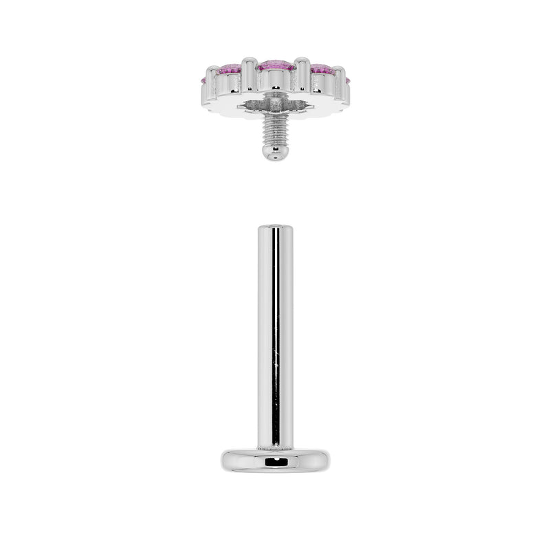 Disassembled 14K white gold pink sapphire flat back labret showing threaded top and post separated