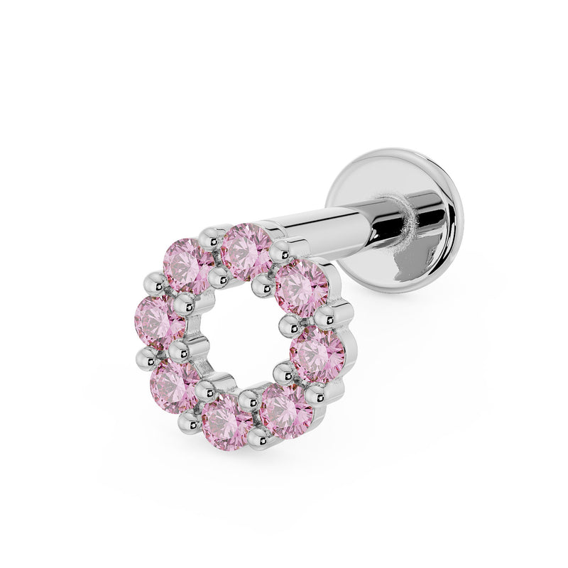 14K white gold pink sapphire halo flat back cartilage earring, angled three-quarter view