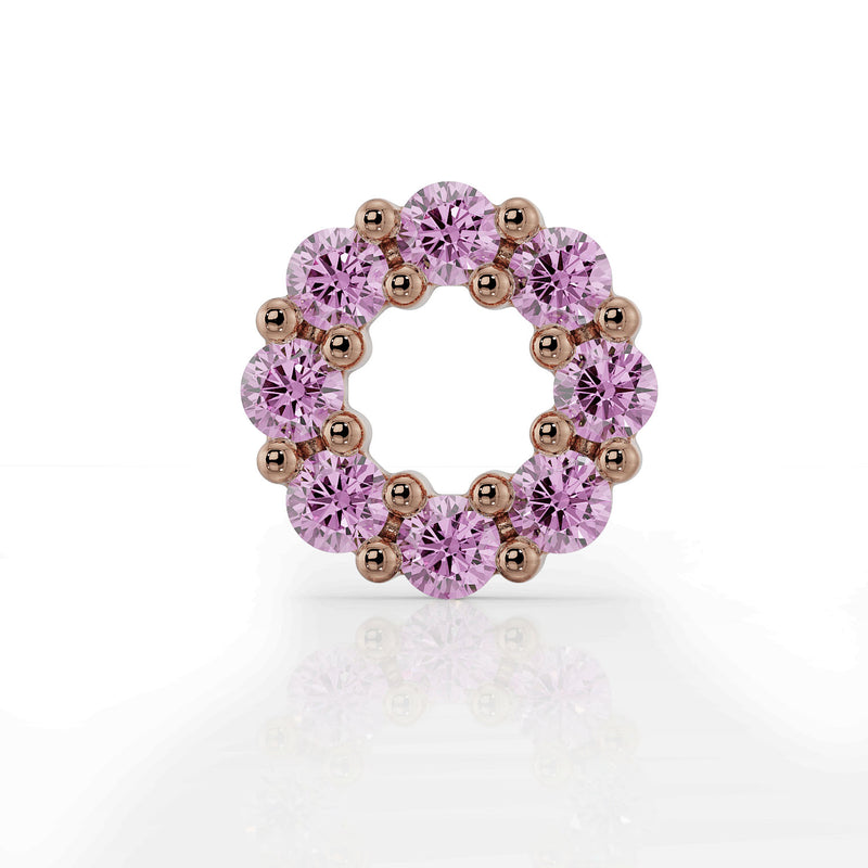 Front view of 14K rose gold open circle pink sapphire halo charm with beaded prong detail