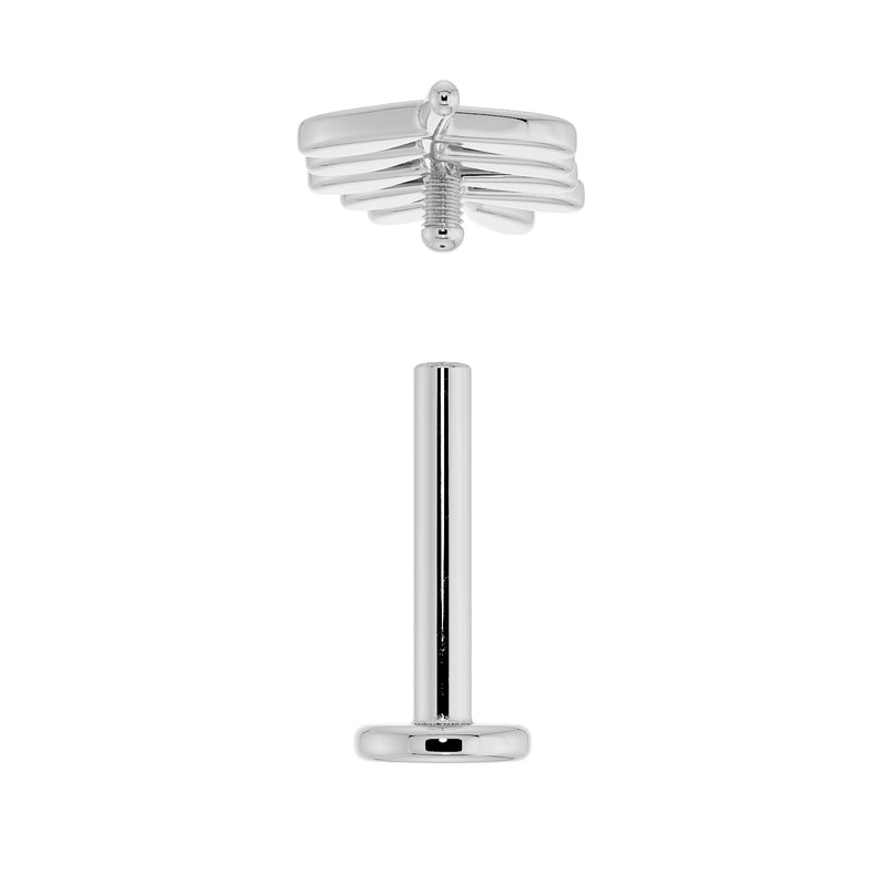 Disassembled flat back labret earring showing threaded top and post with flat disc backing separately