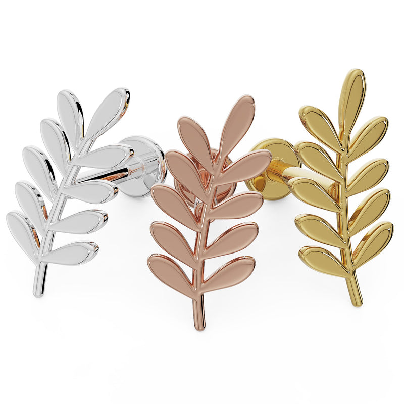 Olive branch leaf flat back earring in 14K white gold, rose gold, and yellow gold side by side