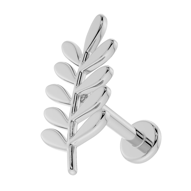 14K white gold olive branch leaf flat back earring, left-facing angle with flat disc back visible
