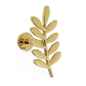 14K yellow gold olive branch leaf flat back labret earring, angled front view showing post
