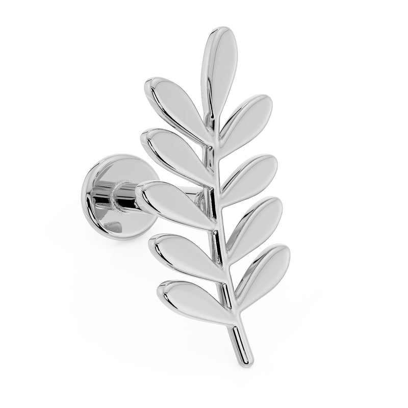 14K white gold olive branch leaf flat back labret earring, angled front view showing flat disc back