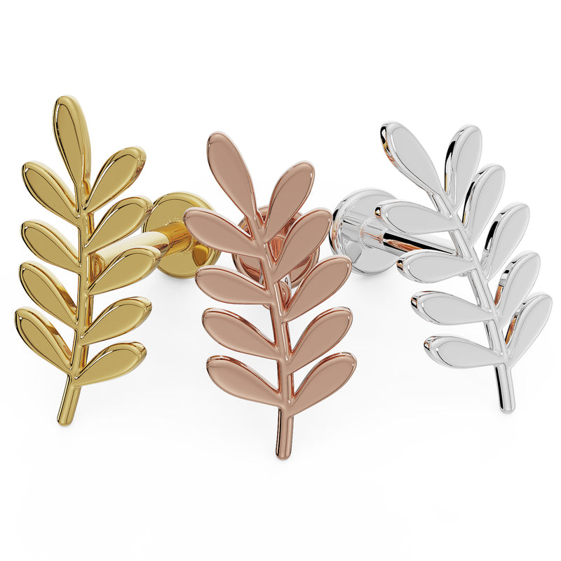 Olive branch leaf flat back earring shown in all three metal options: 14K yellow gold, rose gold, and white gold