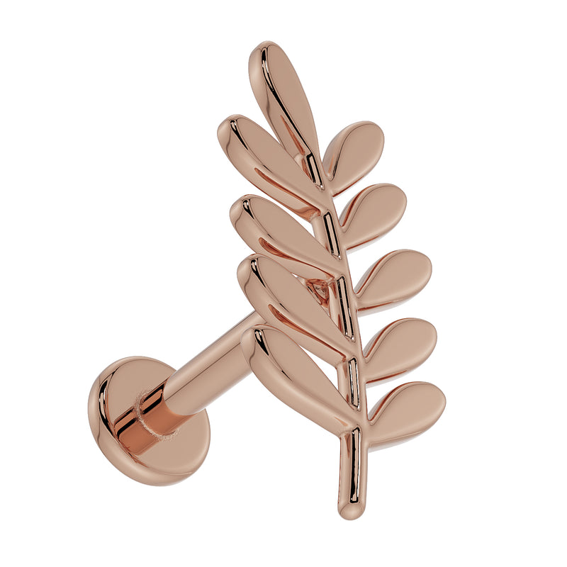 14K rose gold olive branch leaf flat back earring, side profile showing barbell post and flat disc backing